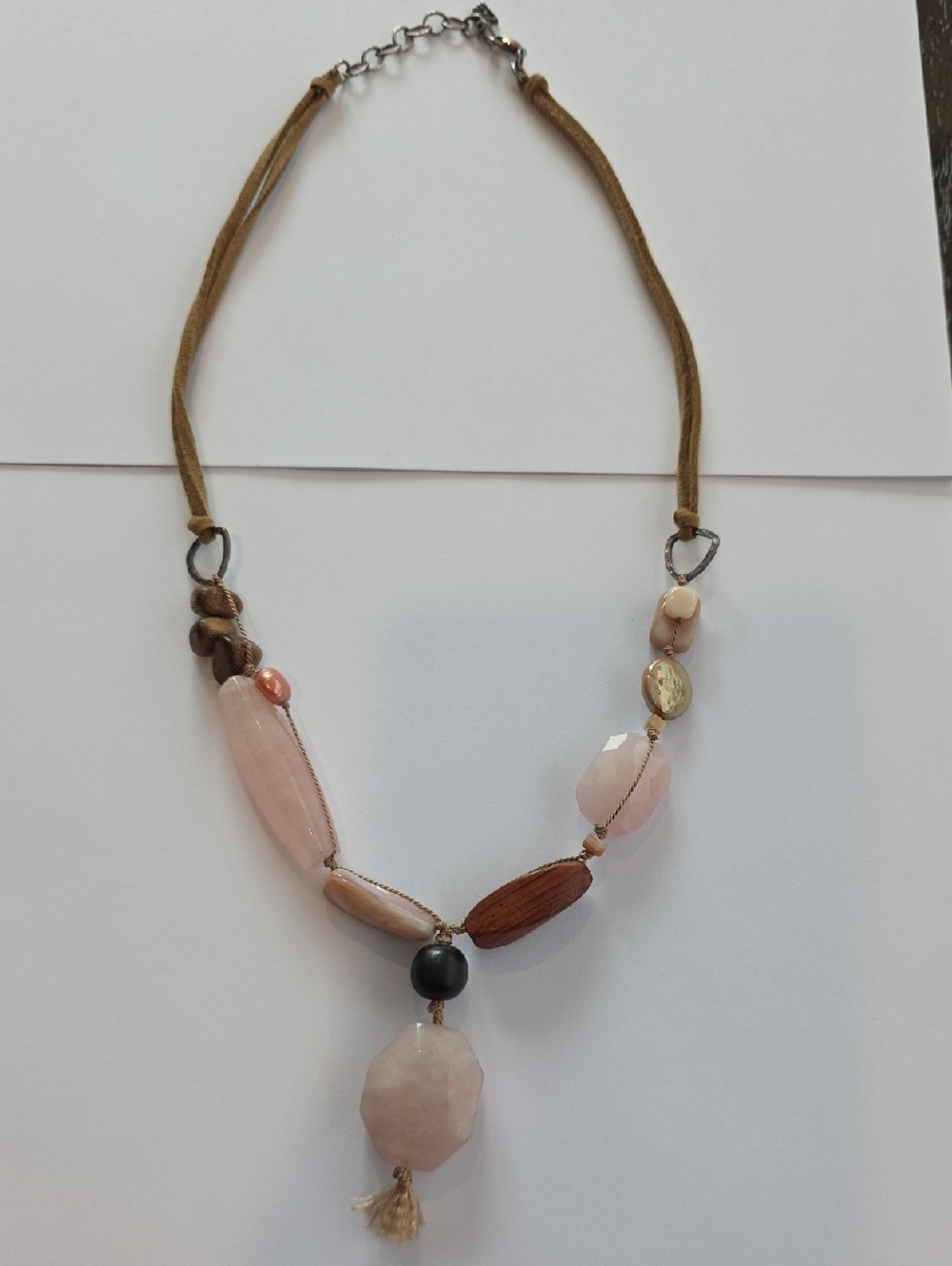 Handmade Rose Quartz and Wood Bead Pendant Necklace - Brown & Pink